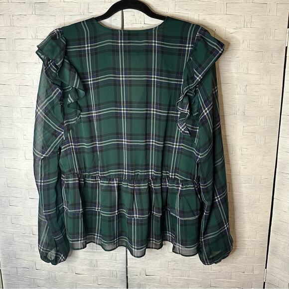 Torrid Ruffled Chiffon Green Plaid Peplum Blouse feminine academia, plus size - Picture 5 of 12
